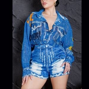 Casual Denim Effect Chiffon Blouse & Short Set Blue
